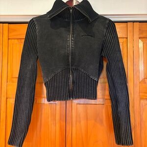 BDG Thea Ribbed Track Sweater in Size Large, Black Wash,  Cropped Turtleneck